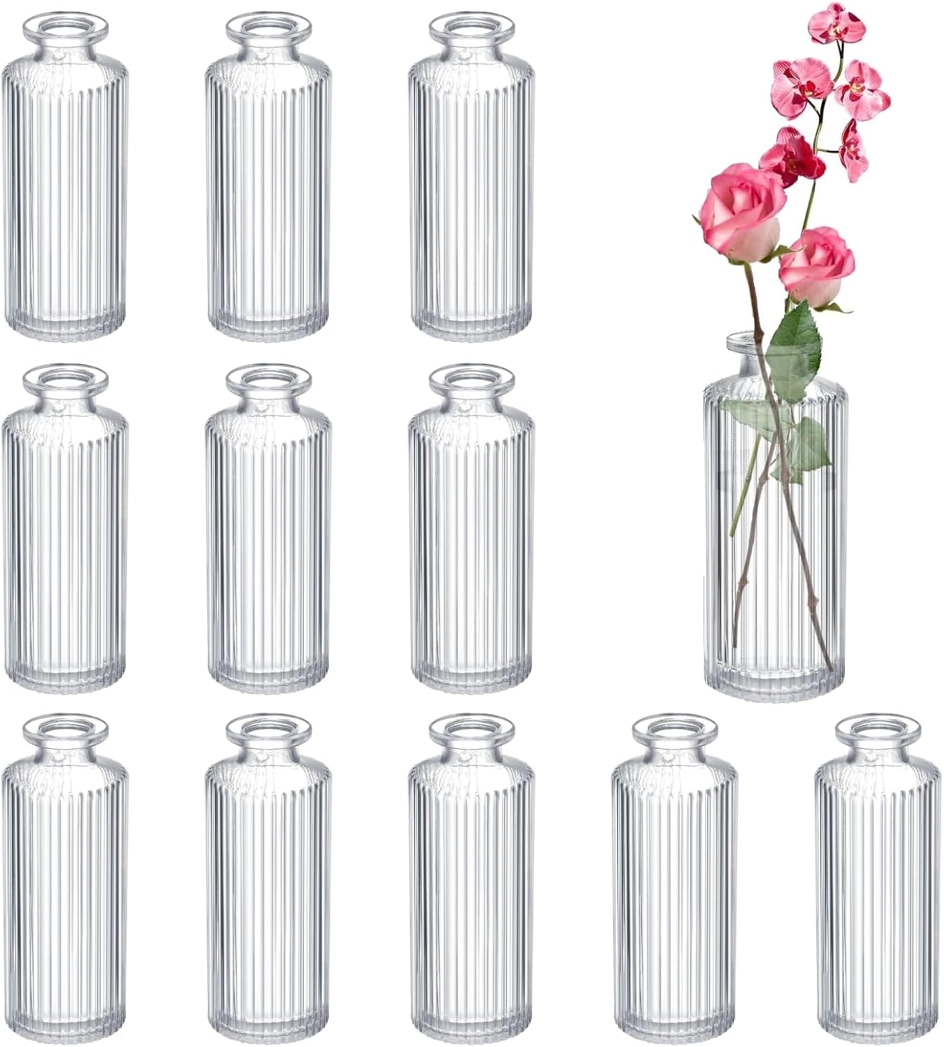 Glass Bud Vases Set of 12, Ribbed Bud Vases in Bulk, Mini Vases for Centerpieces, Small Clear Vintage Vase for Table Decorations, Wedding Decor, Home (Ribbed)