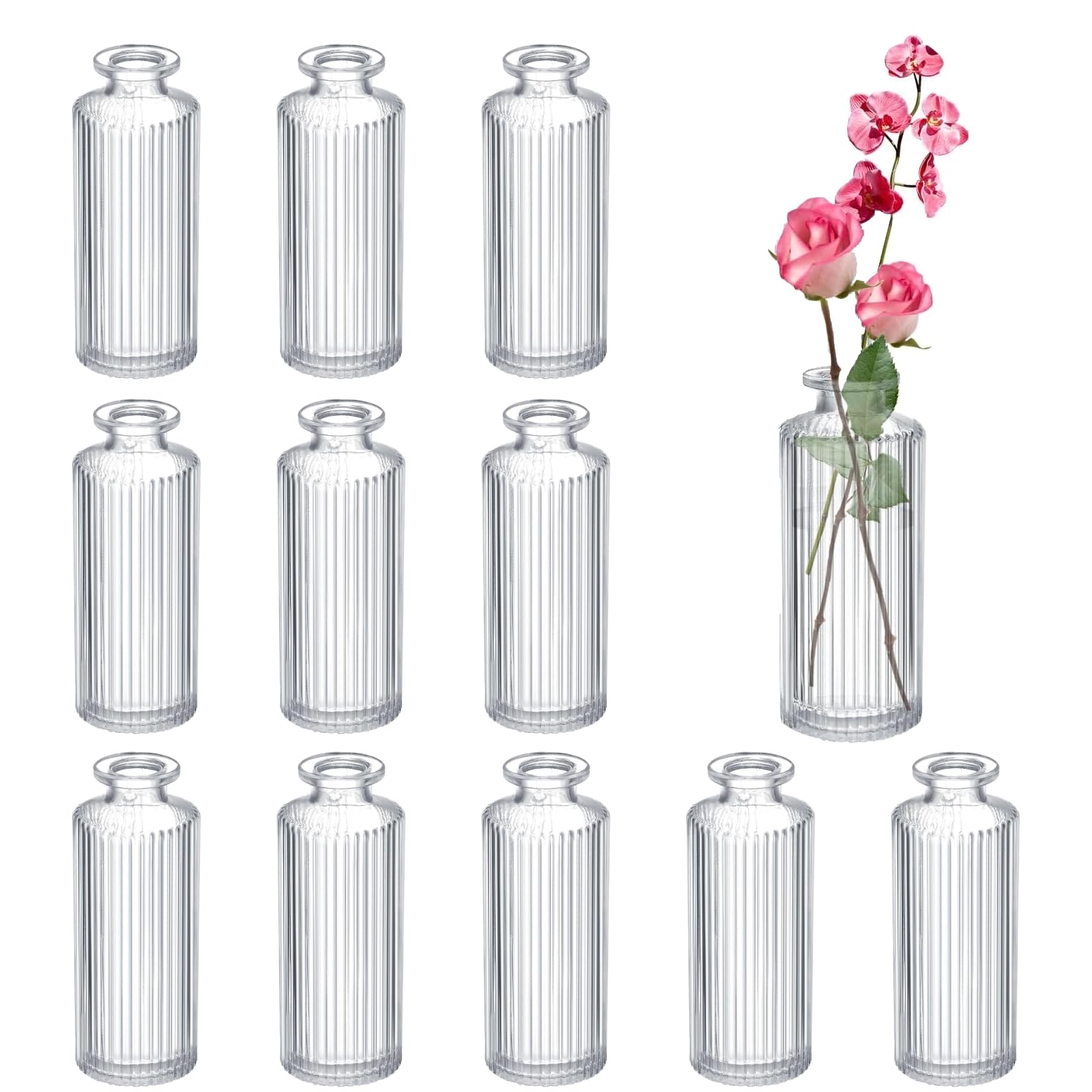 Amazon.co.jp: ガラスつぼみ花瓶12個セット、リブ付きつぼみ花瓶