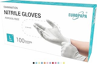 EUROPAPA 100 Luvas de nitrilo descartáveis, luvas descartáveis, luvas de exame, luvas de nitrilo sem pó, sem látex, sem ferrugem, sem látex, sem látex, luvas disponíveis (L, branco)