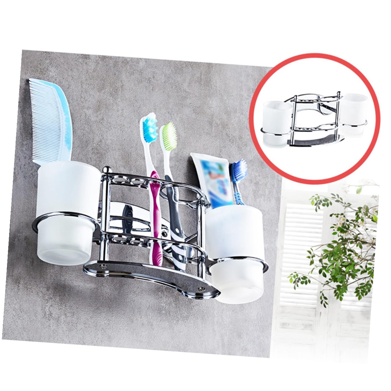 Portaspazzolini da Bagno in Acciaio Inox, Doppio Bicchiere | Argento, Montaggio a Parete, Vetro Incluso, Supporto Compatto per Bagno