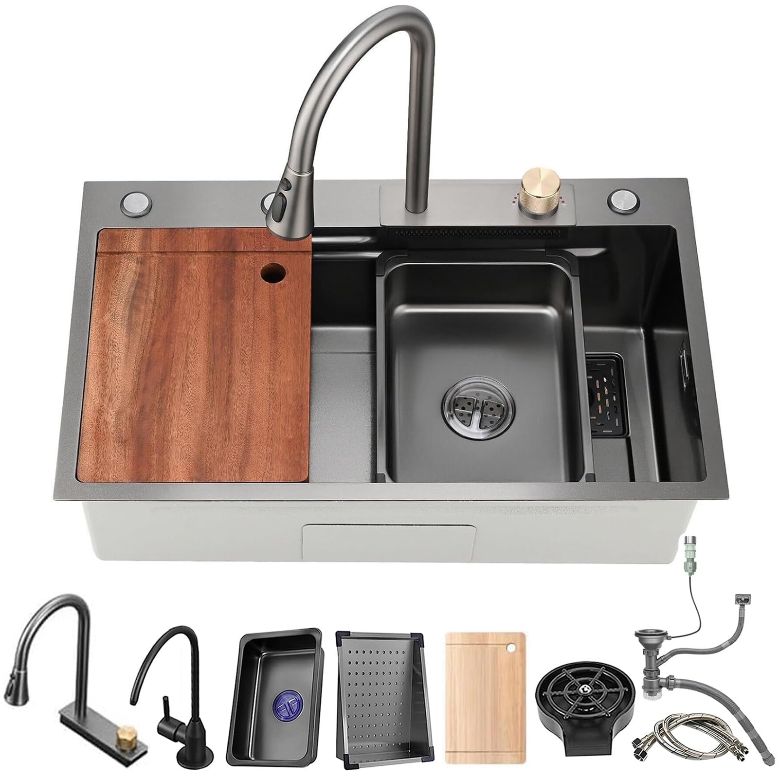 ZQFHSX Single Bowl Waterfall Kitchen Sink, Multifunctional Smart Workstation with Faucet, Grey Black Farmhouse Sink Cup Rinser & 4 Spray Modes(B,75x45x21cm)