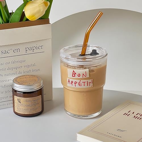 Miniatura 6 de Olvini Vaso de vidrio de 13 onzas con popote y tapa de vidrio, tazas para café helado, reutilizable, taza para agua, taza de café, tazas de vidrio