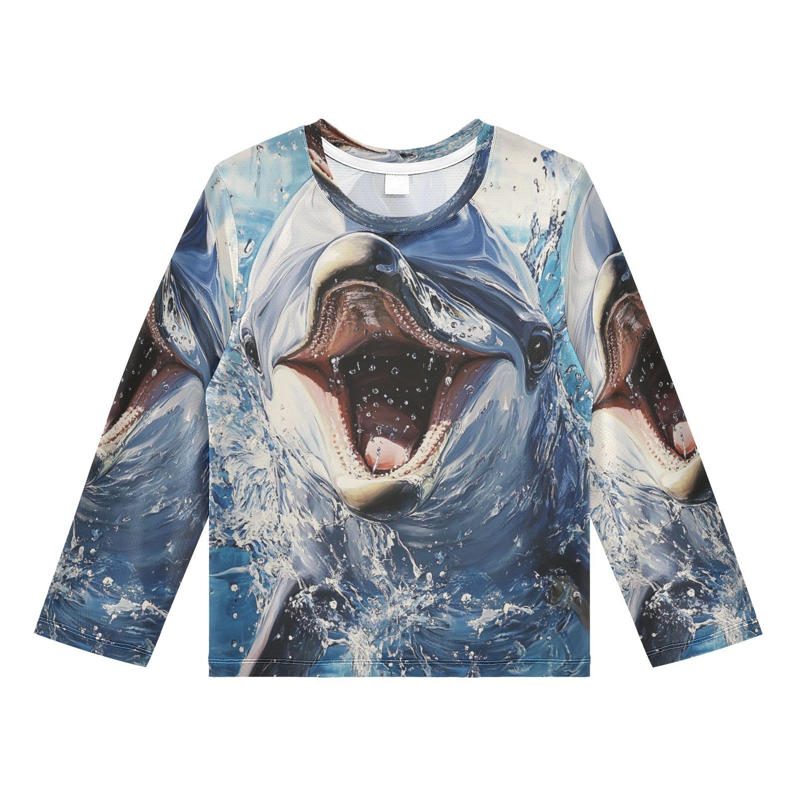 DOMIKING Dolphin Splash Blue Boys Long Sleeve Rashguard Shirt Kids Quick Dry Swim Shirt for Running Swiming Pool 11-12T