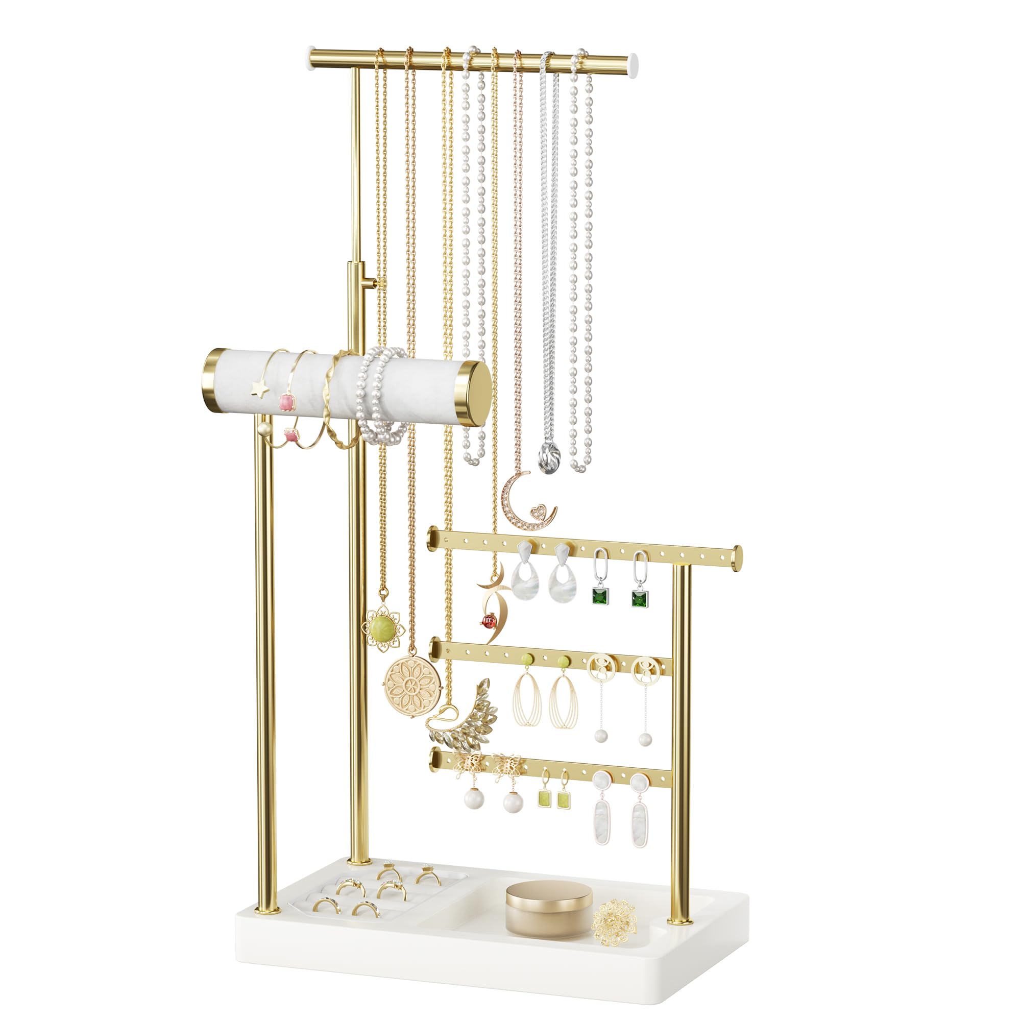 SZQINJI 5 Tier Jewelry Holder Organizer, Gold Jewelry Stand with Velvet Bracelet Holder, Adjustable Height Jewelry Display for Necklaces, Bracelets, Earrings, Rings, Gift Idea for Women, White