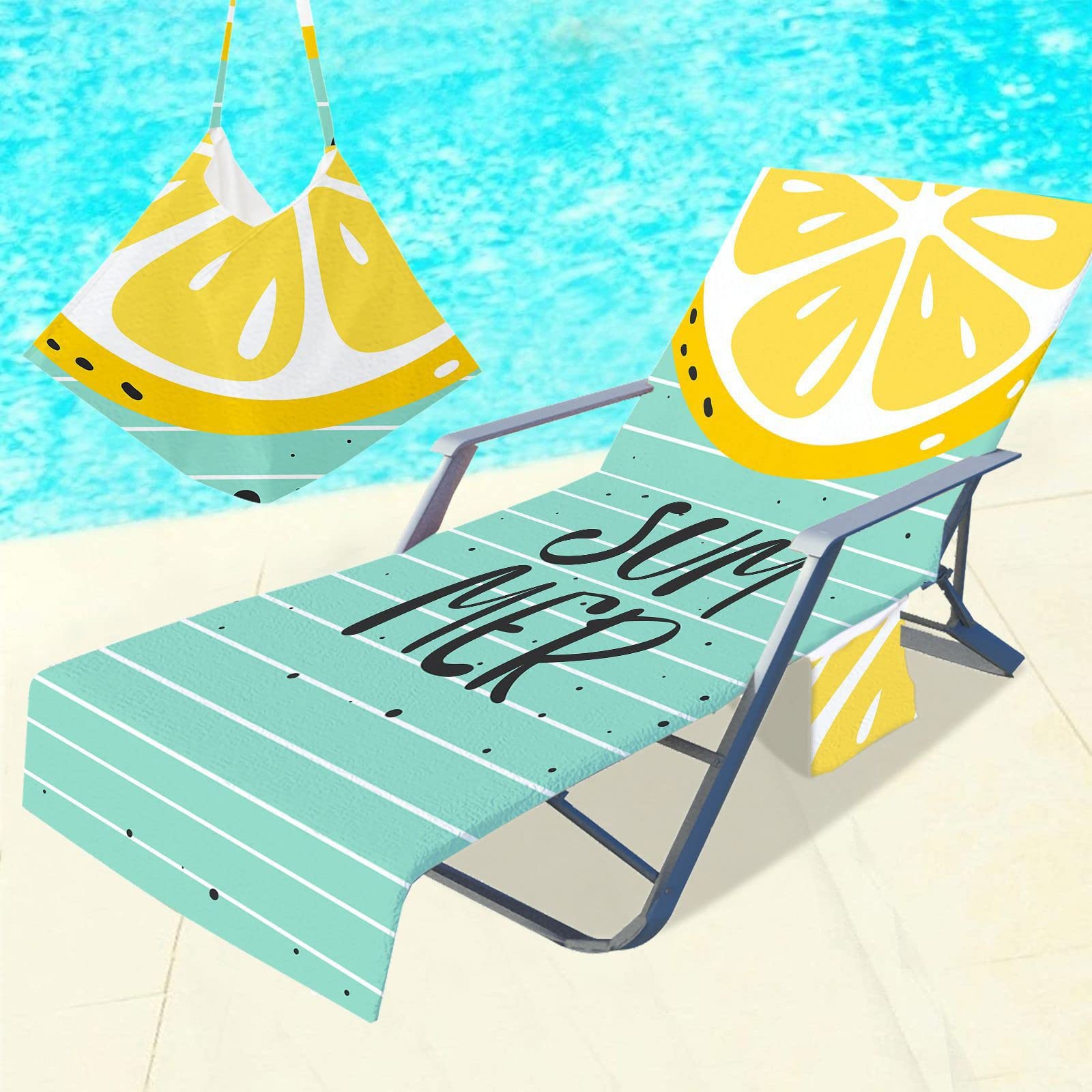 RRrawgff Beach Towel with Pockets for Loungers, Lemon Pattern Beach Chair Cover Towel Fitted Microfiber Sunbed Towel Sun Lounger Towels for Summer Outdoor Garden Pool Vacation (Lemon Fruit)
