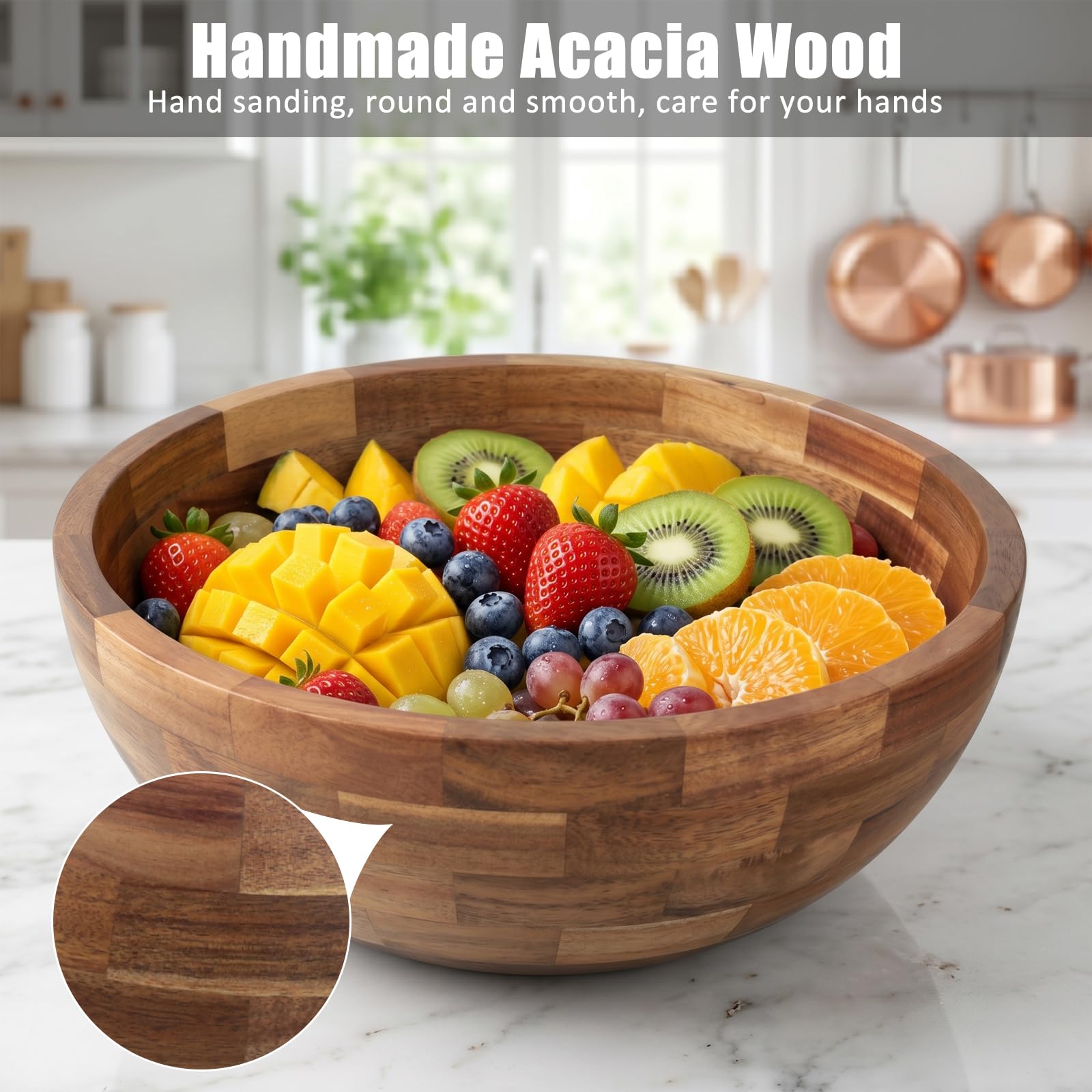 Insalatiera, Ideale Come Ciotola da Cucina, Portafrutta, Ø 26.5 cm | Ciotola per Mescolare, Pane, Utensili da Cucina, Perfetto per Picnic e Feste, Legno di Acacia, Marrone