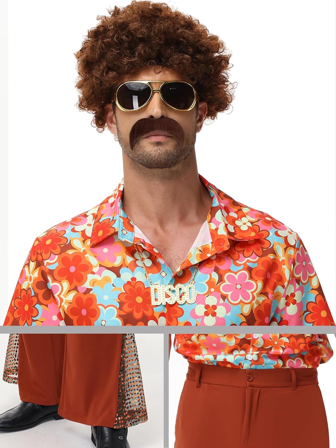 7Pcs Mens 70s Disco Costume, Retro Shirt Bell Bottom Pants Wig Sunglasses Necklace Wig Cap for Disco Party - Image 6