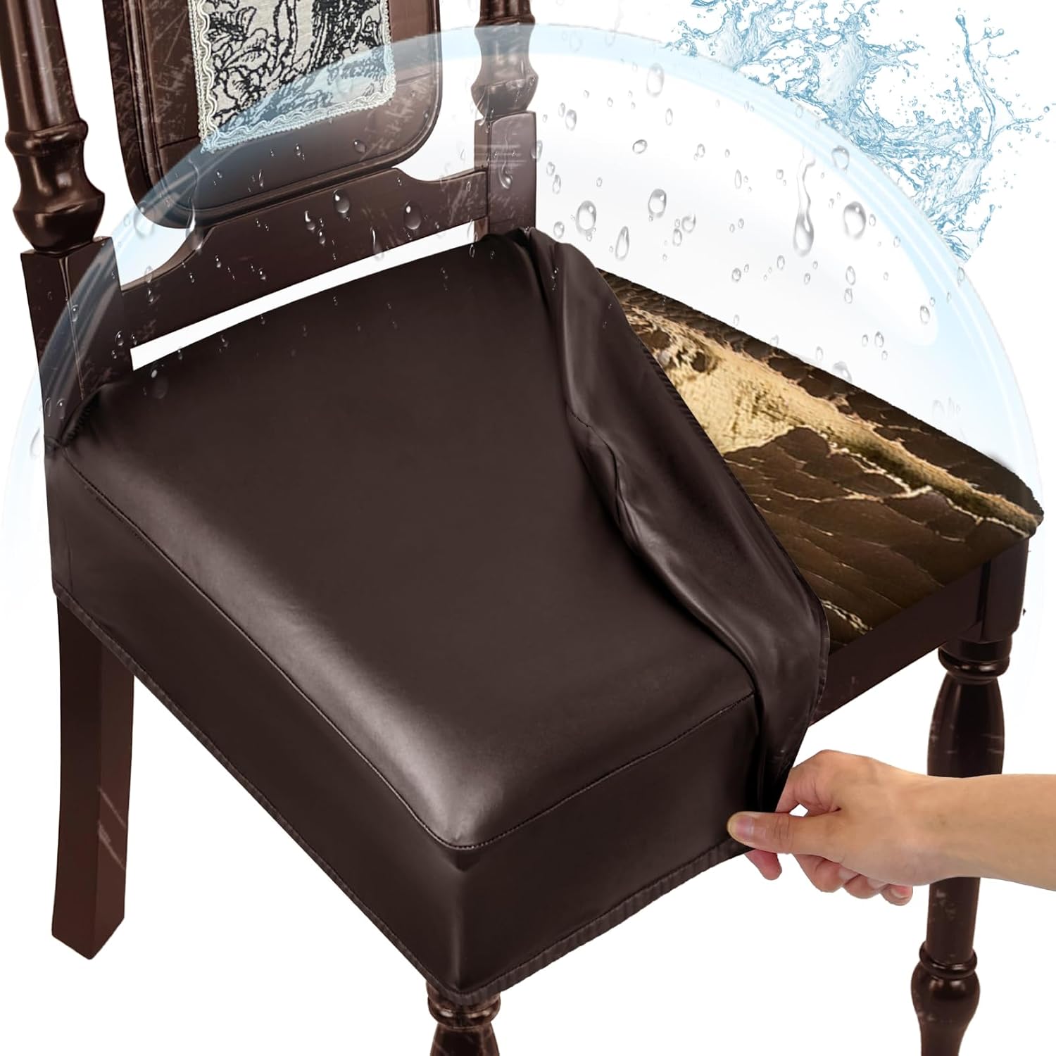 Waterproof Dining Chair Seat Covers Leather Kitchen Seat Covers, Stain Resistant Stretch Chair Seat Covers for Dining Room Chairs Set of 6, Rear Covered Washable Dining Chair Cover Dark Coffee