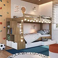 Cama Beliche Infantil Bicama Menino Menina 2,32m com Escada, Nichos e Gavetas com Rodas