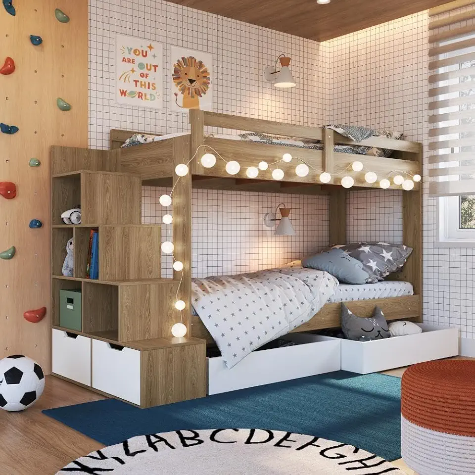 Cama Beliche Infantil Bicama Menino Menina 2,32m com Escada, Nichos e Gavetas com Rodas