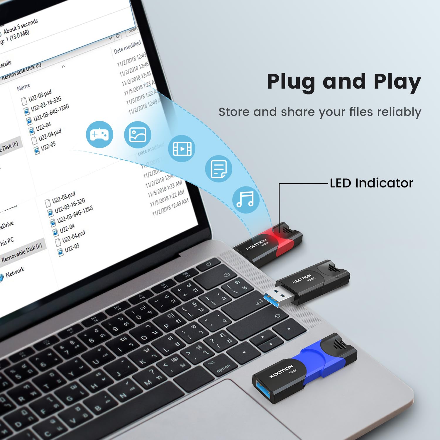 KOOTION Chiavetta USB 128 GB 3 Pezzi USB 3.0 Pen Drive 128GB Piccolo e Leggero Pennetta USB 3 Pack con indicatore LED Penna USB Set para Ordenador/TV/Coche/Player, ect - Multi-Colores