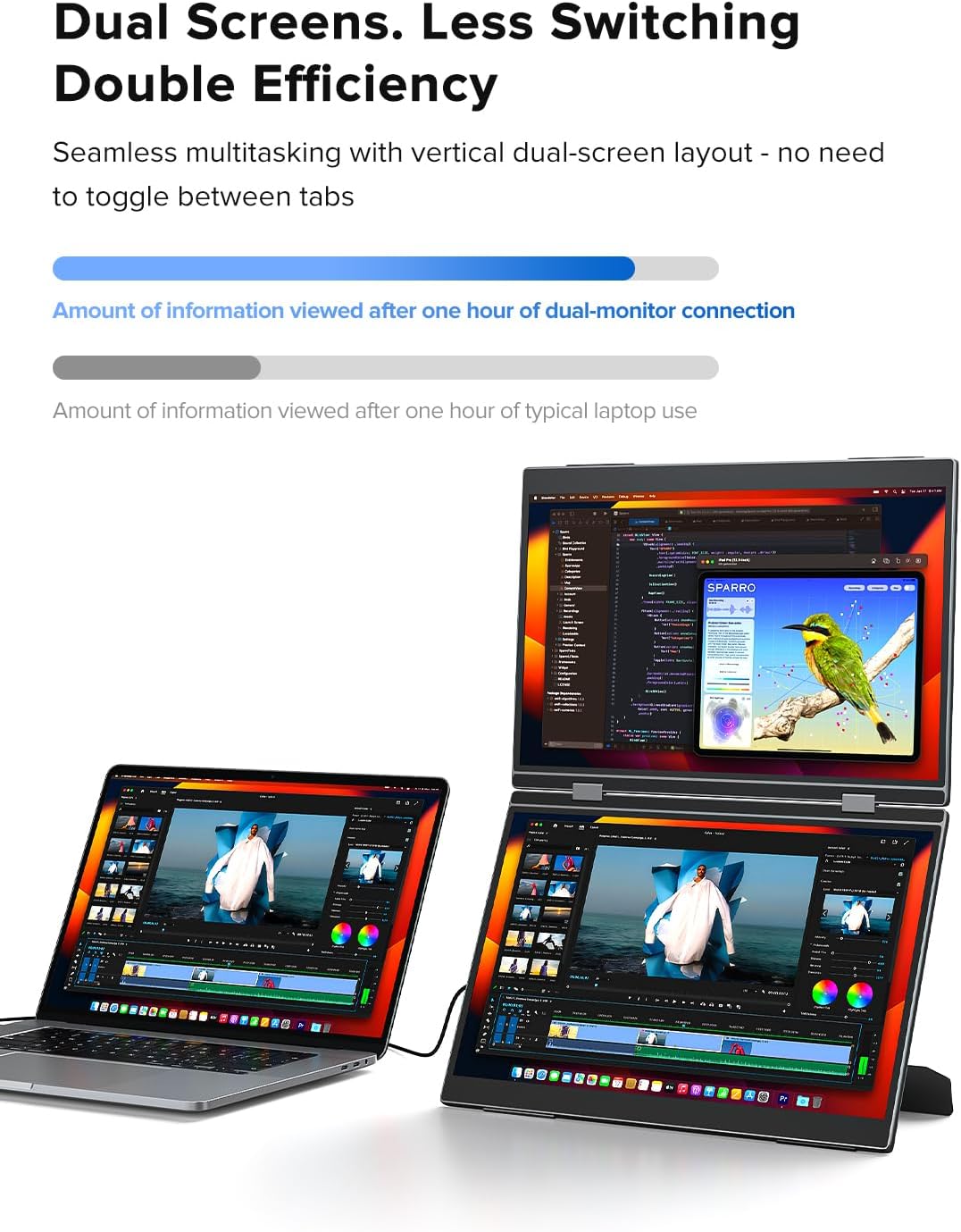 A user working with a laptop and the UPERFECT Delta Pro Touch Portable Dual Monitor in a stacked vertical configuration, demonstrating enhanced productivity.