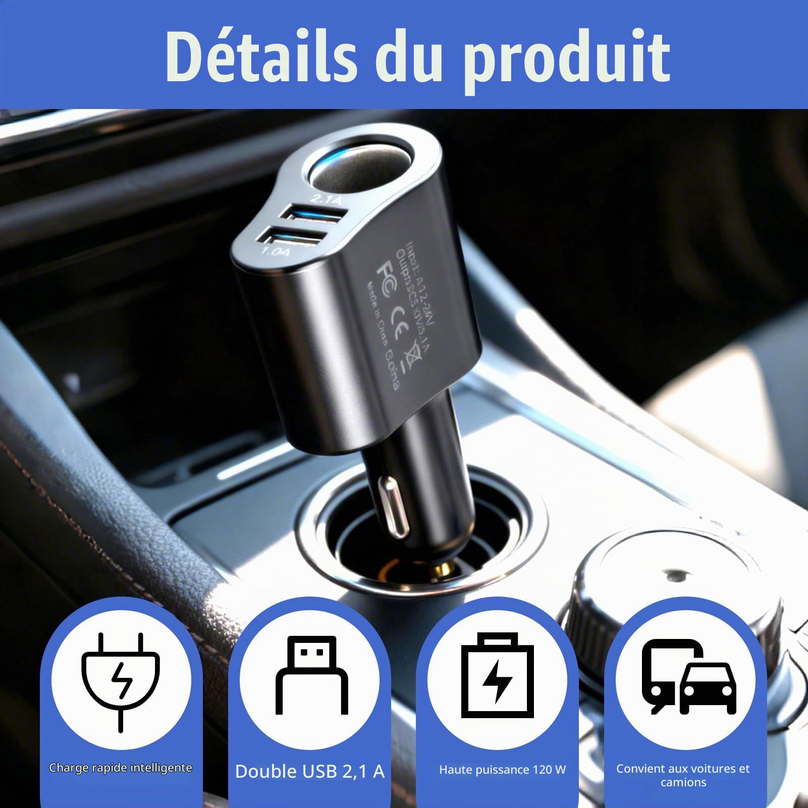 Chargeur Allume Cigare USB, 3 en 1 Chargeur Voiture 12V/24V 60W | Adaptateur Allume-Cigare Car Charger USB Type C Rapide 2.1A pour iphone 16 15 14 13 12 11 GalaxyS25 S24 GPS Dash Cam Tablette