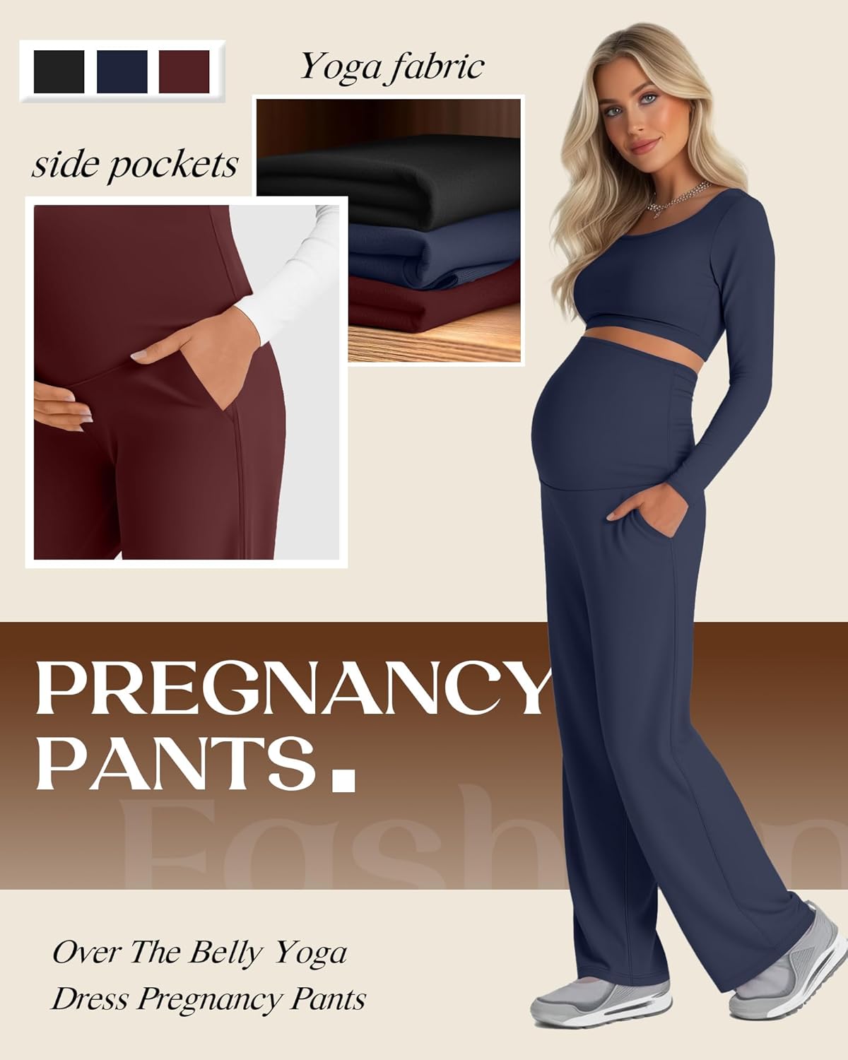 3 Pack Women's Maternity Yoga Pants Over The Belly Pregnancy Pants Wide Leg Lounge Trousers with Pockets - Image 5