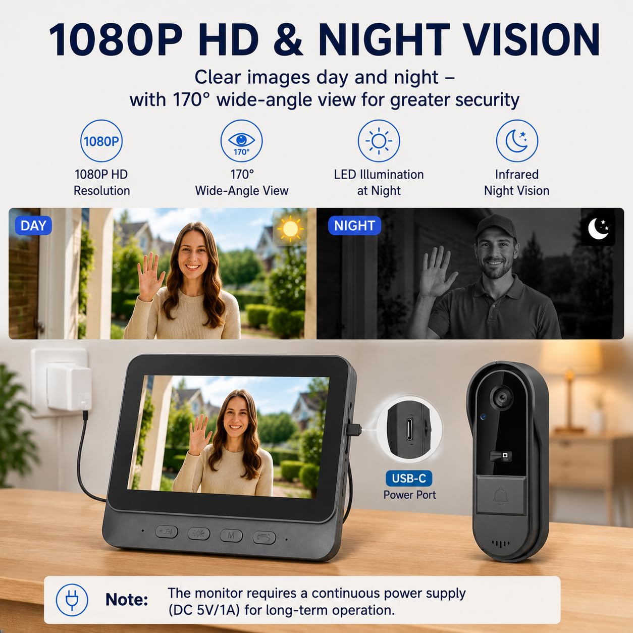 Winnes - Timbre inalámbrico con cámara de vídeo Bluetooth con Pantalla IPS de 4.3 Timbre inalámbrico Exterior Impermeable 170° visión Nocturna Portero Video Audio bidireccional, no WiFi, no App