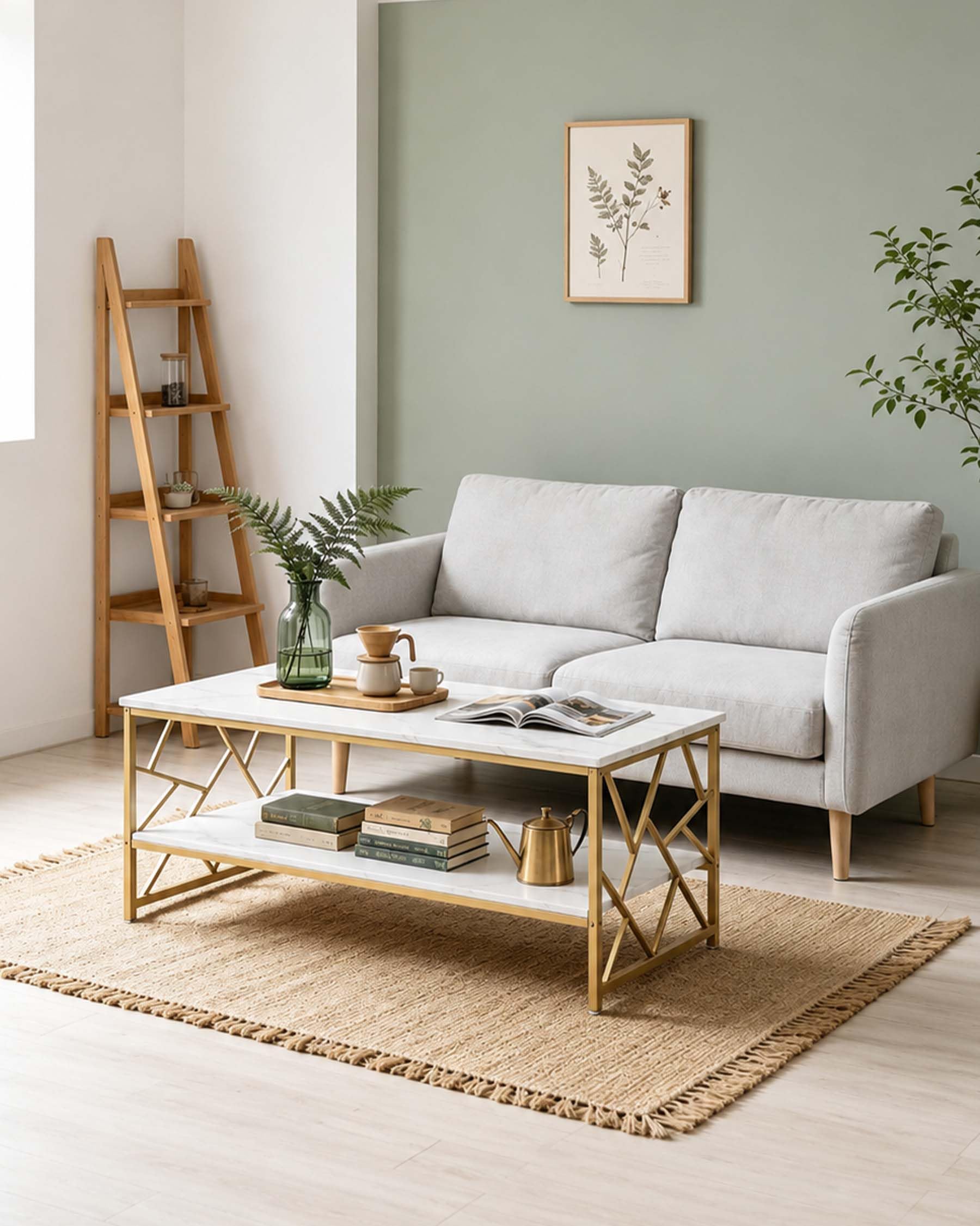 Mesa de Centro Almacenamiento Mesa Café Blanca Salón, Mesa Centro Pequeña Ahorro de Espacio, Doble Estante Auxiliar Sofá Mesa de Té Moderna, Madera Ajustable, 110x50x45cm