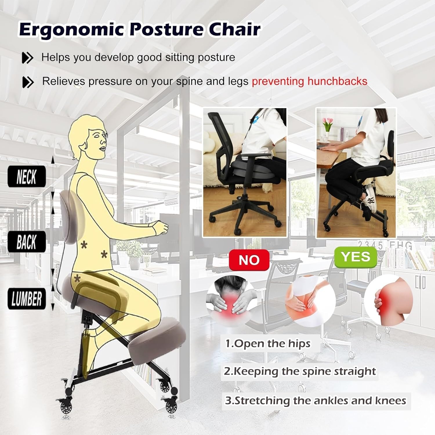 Desk Kneeling Chairs Cross Legged Office Chair with Wheels and Foot Rest, Ergonomic Chair Kneeling Chair with Arm - Posture Chair for Computer Workers Yoga Lovers Meditation Fanatics