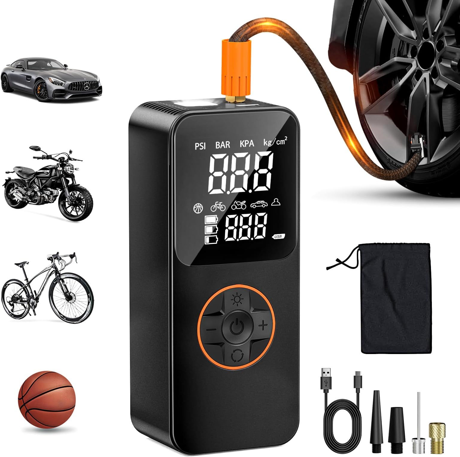 Portable Cordless Air Compressor – 150 PSI Fast Inflation, Auto Stop, With LED Light For Car Tires, Bikes, Balls