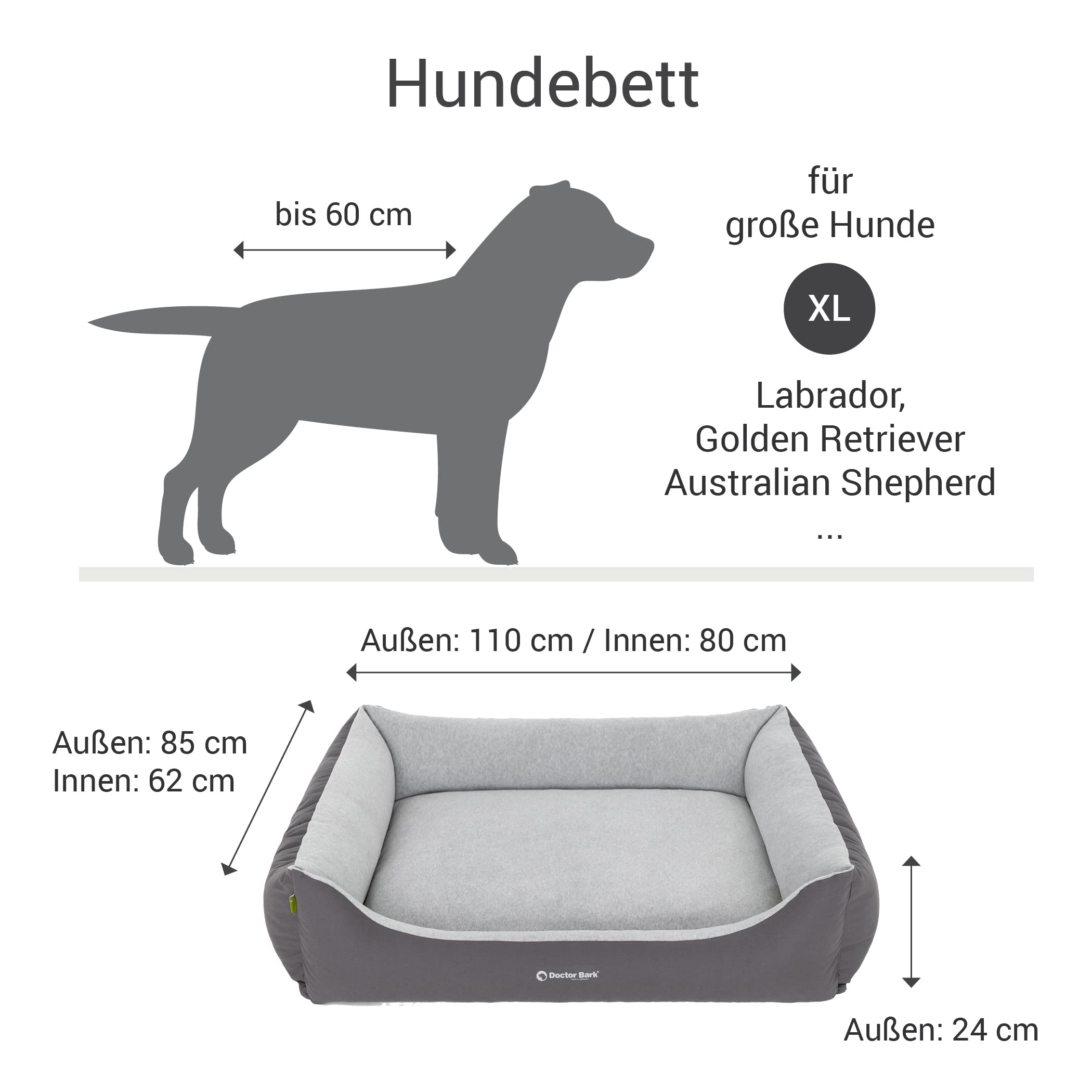 Doctor Bark GreenLabel - Cama para perros grandes, lavable, mullida, suave, duradera, suave, de GreenLabel (XL, 110 x 85 cm, gris)