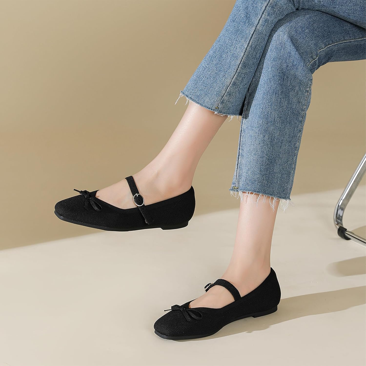 Knit Flats for Women Square Toe Flats Casual Ballet Flats with Ankle Strap,Washable Comfortable Dressy Mary Jane Flat - Image 6
