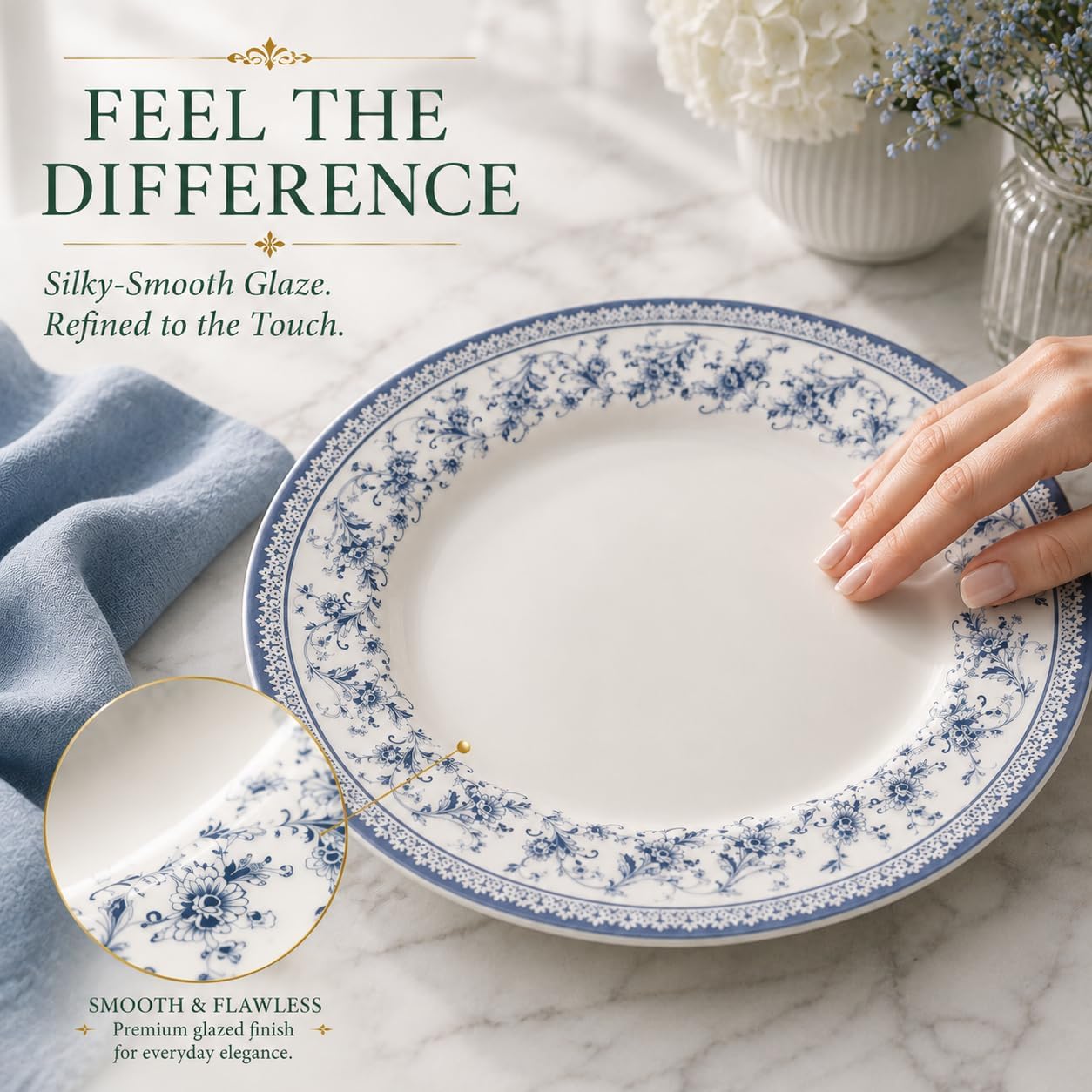 Tudor England Royal 12-Piece Porcelain Dinnerware Set for 4, Aster Blue Floral Design, Dinner Plates, Salad Plates and Soup Bowls, Dishwasher and Microwave Safe