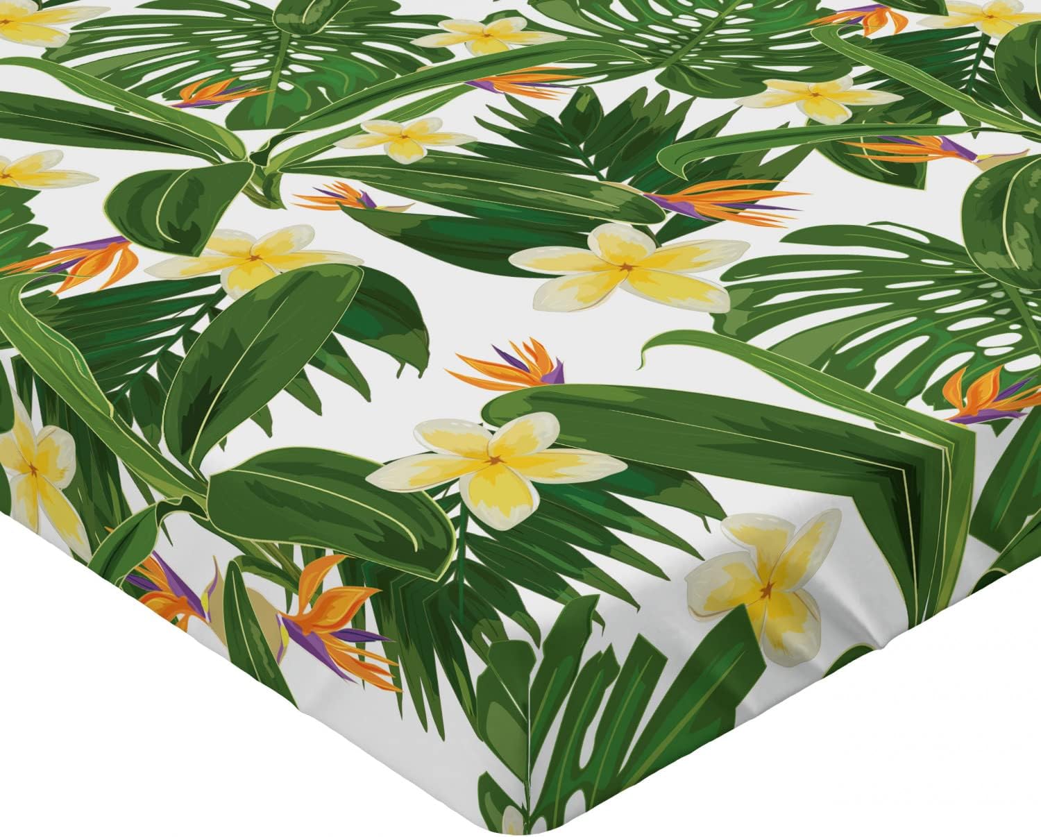 Ambesonne Tropical Fitted Sheet, Monstera Palm Leaves Hibiscus Flowers Strelitzia Pattern on Plain Backdrop, Bed Cover with All-Round Elastic Deep Pocket for Comfort, Full Size, White Olive Green