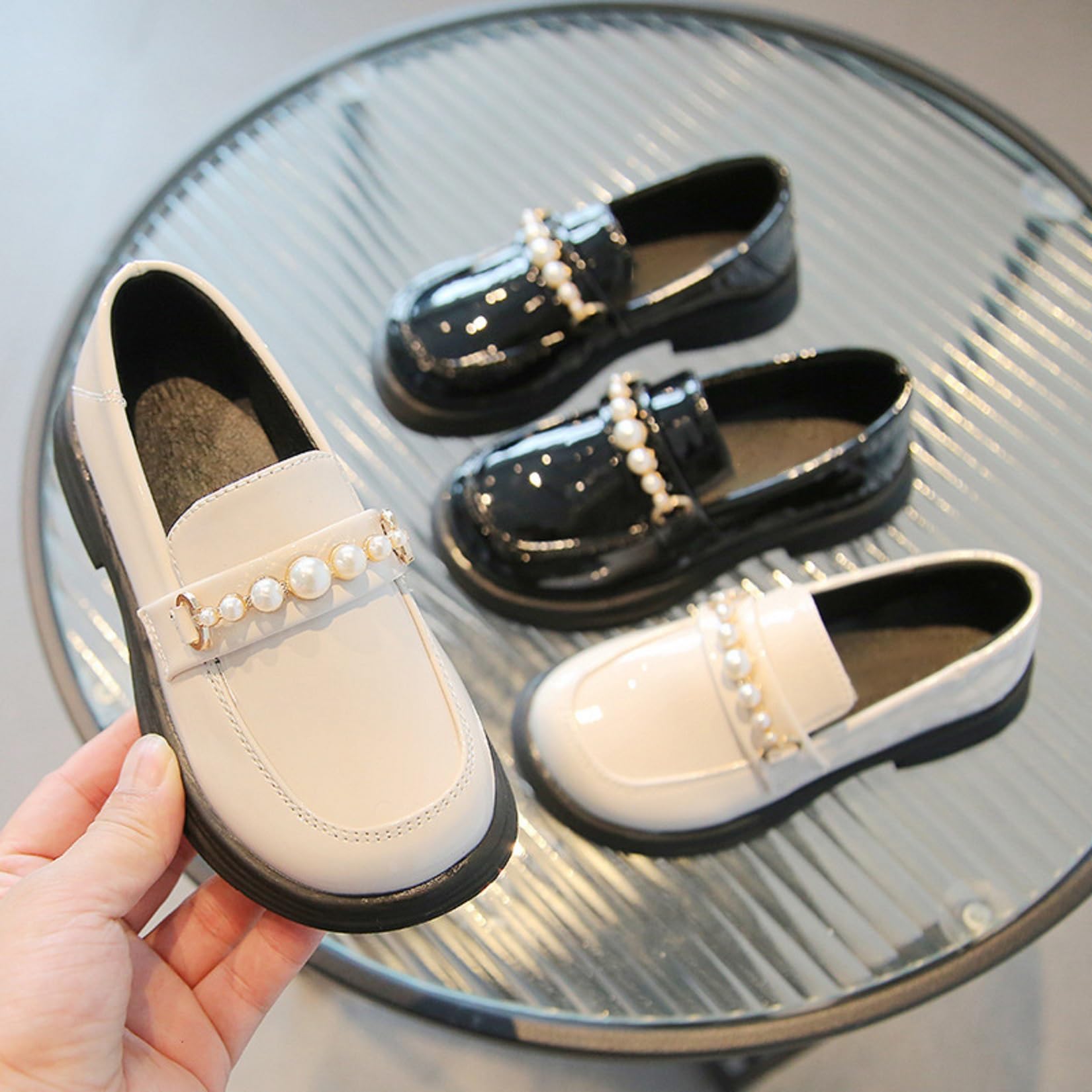 Zapatos Mocasín Elegantes de Niña con Perlas Charol sin Cordones Tallas 22-36