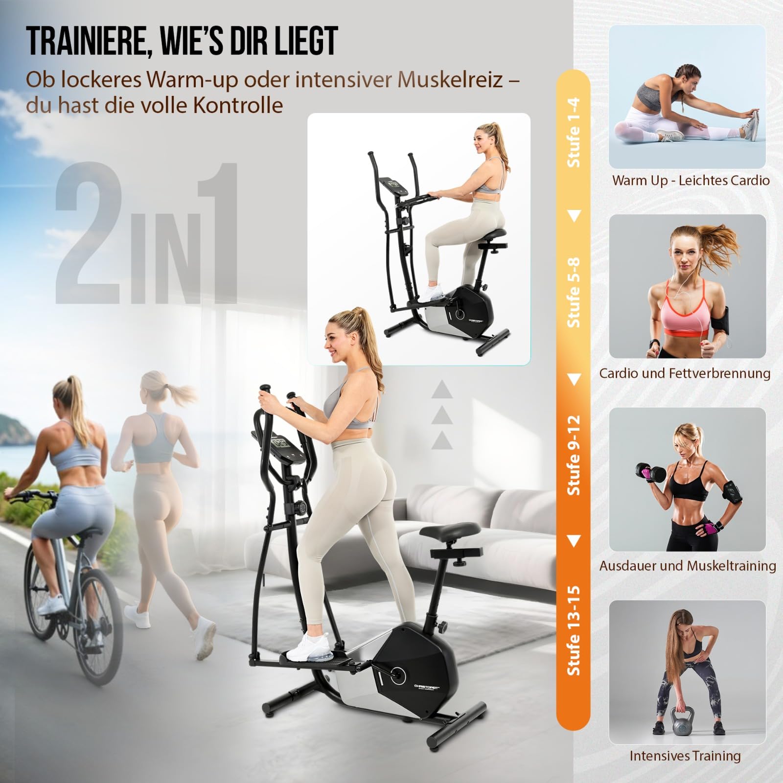 Christopeit Vélo elliptique CT 6 – vélo elliptique et vélo d'appartement 2 en 1, frein magnétique de 7 kg, 8 niveaux de résistance, capteurs de pouls manuels, support pour tablette/smartphone, jusqu'à