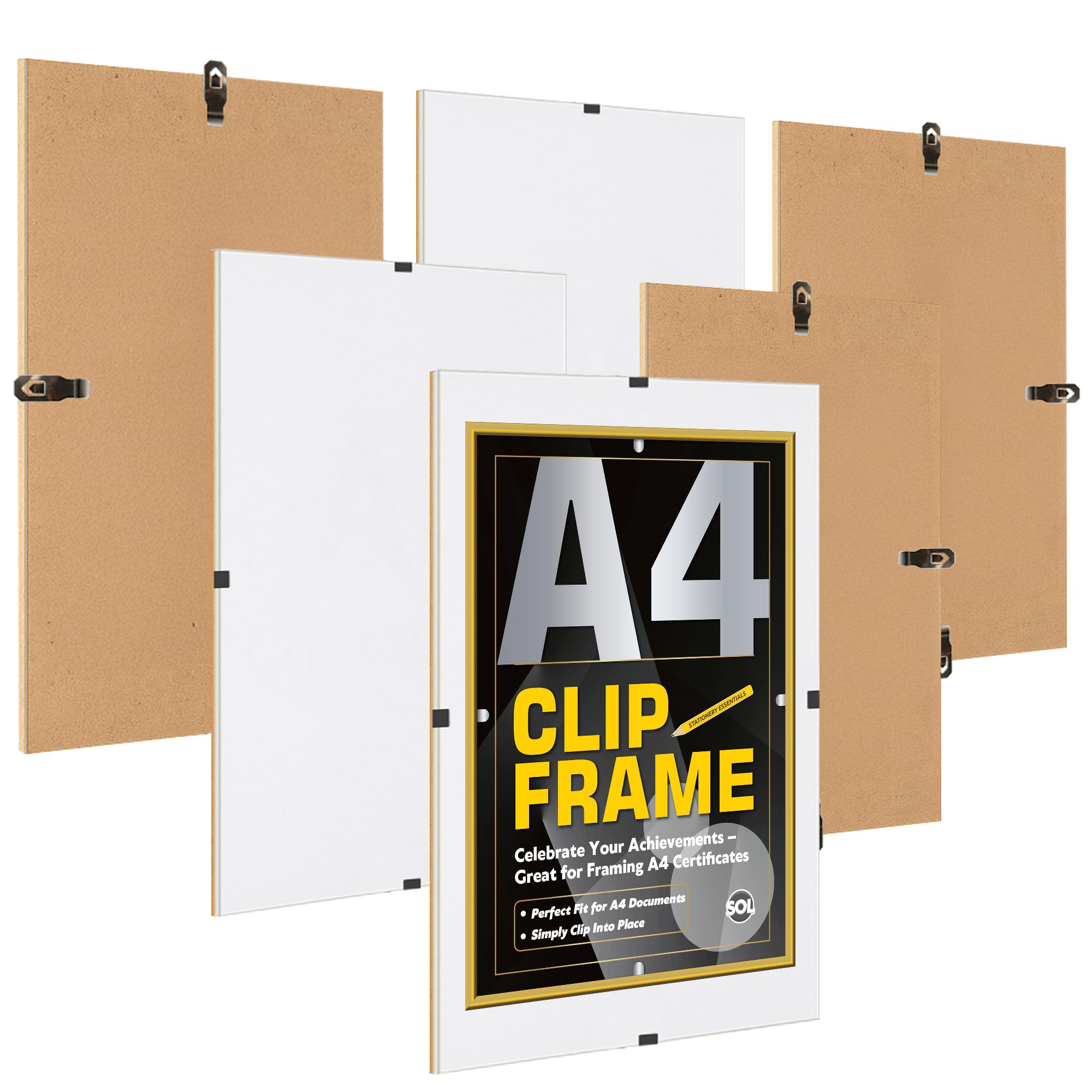 SOL 6pk A4 Clip Picture Frames – 8x12 Shatter-Resistant Clear Covers with Metal Fasteners for Certificates, Posters, Artwork, Frameless Display for Home, Office, Wall Mounting, Sleek Modern Look