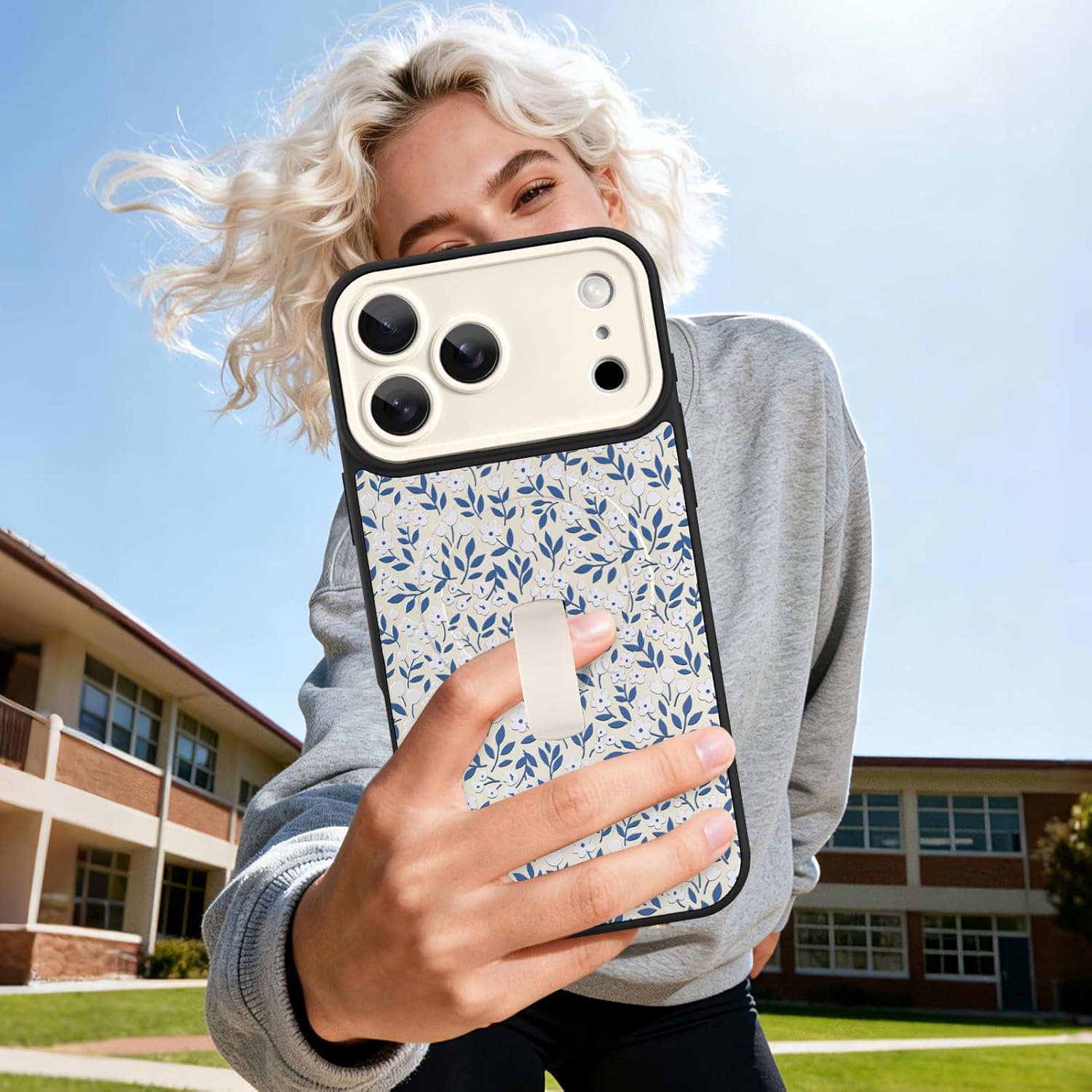 Magnetic Case for iPhone 17 Pro Max,Compatible with MagSafe,Finger Strap Kickstand for Women Girl Men,Cute Aesthetic Blue Flowers Pattern,Soft Slim Full Camera Protection,White