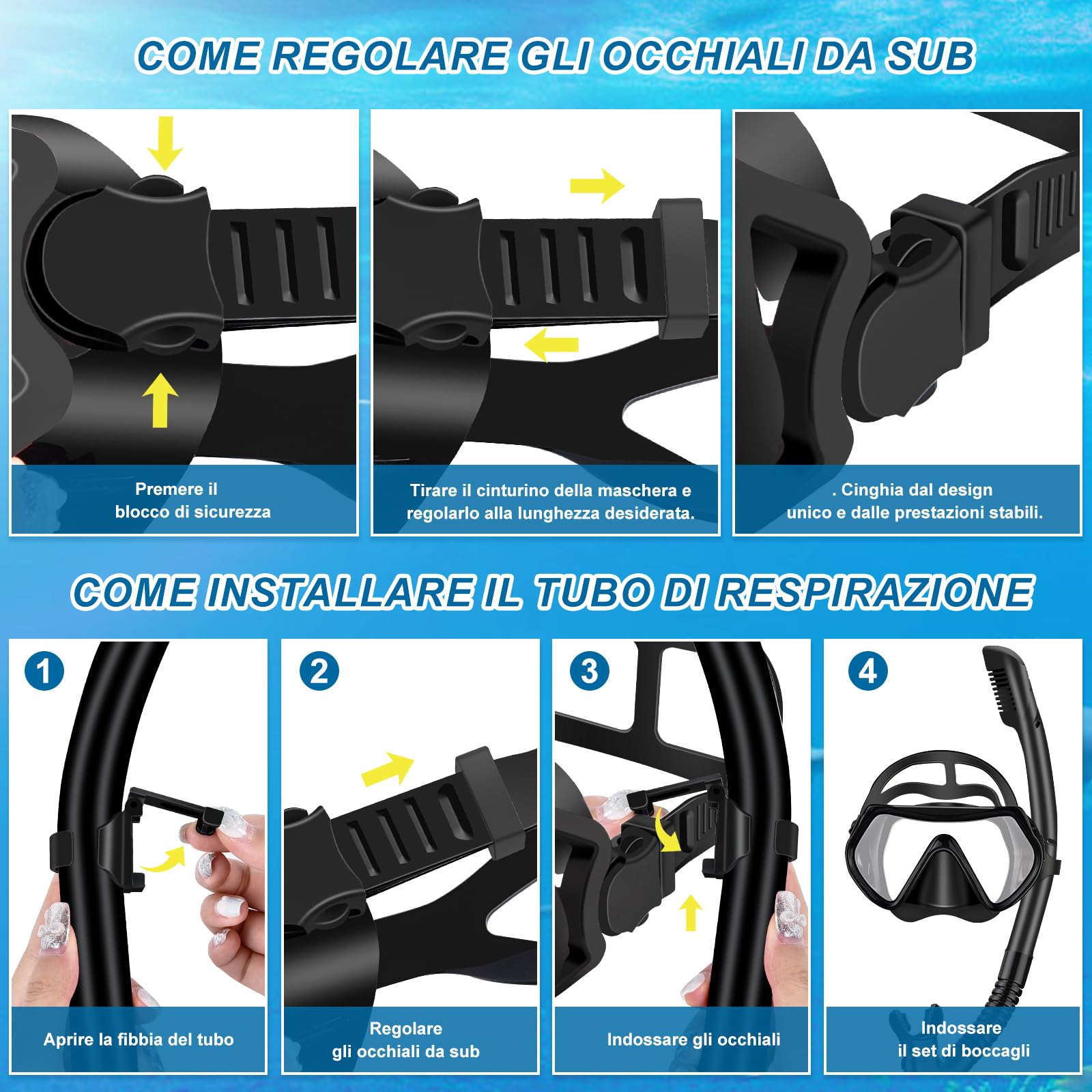 IEEILULU Set da Snorkeling per Adulti, Set di Boccaglio con Maschera Subacquea, Snorkel Semi Asciutto e Pinne Regolabili, Set da Immersione per Adulti Snorkeling Avventura Subacquea
