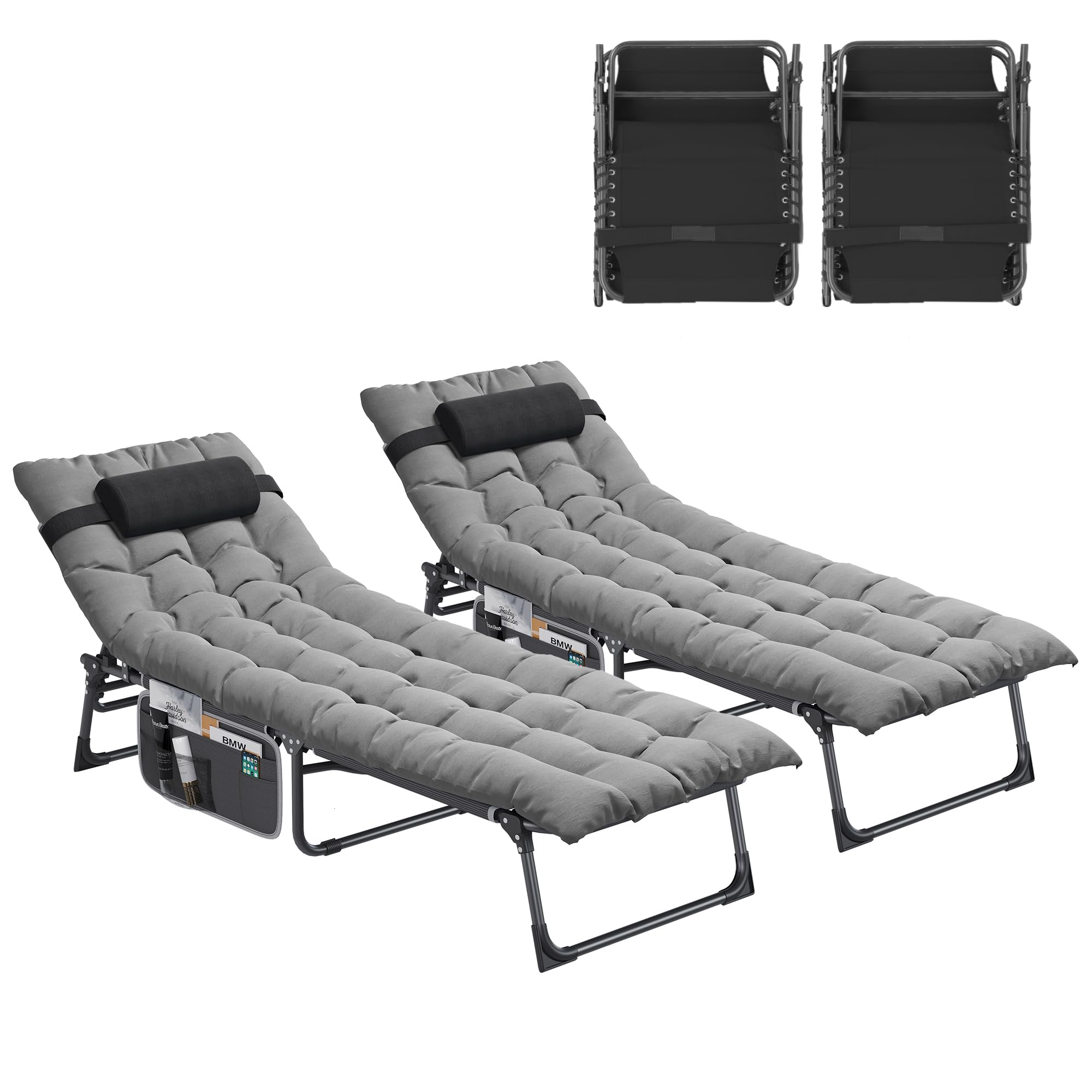 YITAHOME 2X Tumbona Plegable Playa con Cojín 190x68x31cm Tumbonas Jardin Exterior 4 Posiciones Ajustables Tumbonas Piscina con Bolsillo Lateral Carga de 300lbs para Jardín, Camping, Gris