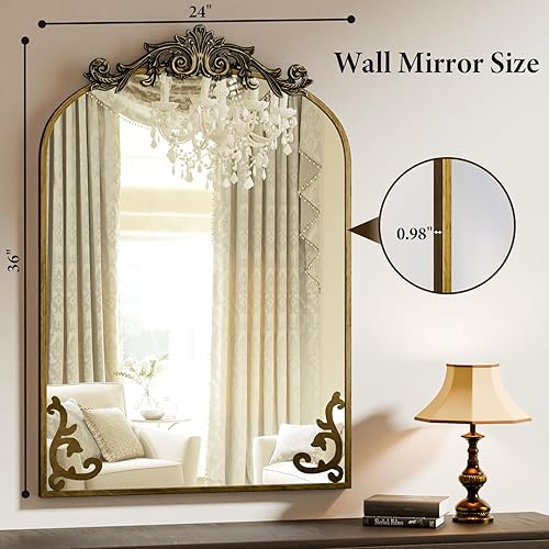 Miniatura 6 de Koonmi Espejo vintage, espejo barolón antiguo de 24 x 36 pulgadas para pared, marco de bronce con patrones ornamentados, cabeza de flor desmontable,