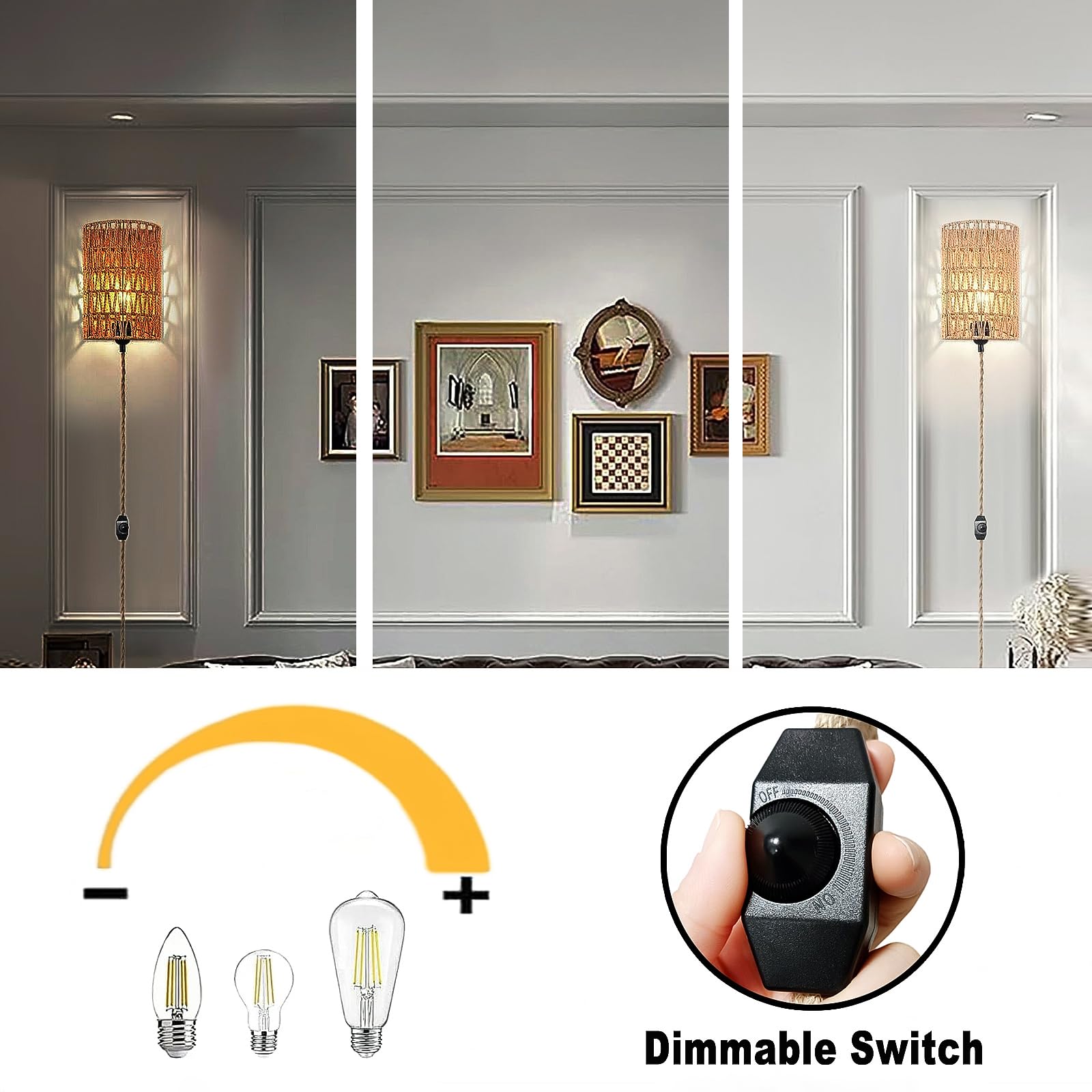 2 Stück Wandleuchte Innen Rattan, Boho Hanfseil Wandlampe mit Dimmbar Schalter & Stecker, Rustikal Vintage Wandlicht mit Kabel, Retro E27 Wandstrahler für Schlafzimmer Treppenhaus(Ohne Glühbirne)
