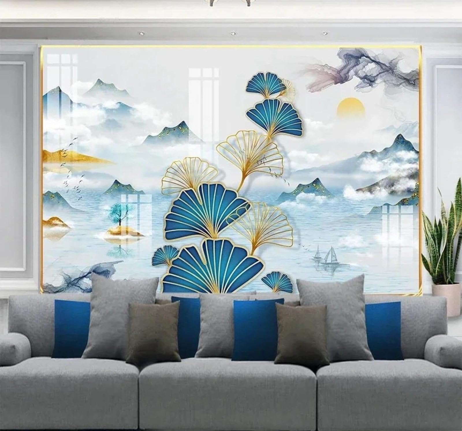 Xlming 430Cm×300Cm(B×H) Creative Blue Ink Landscape Ginkgo Leaves 3D Wallpaper Luxury Home Dining Decor Paste Sofa Living Room The Wall For Bedroom Mural-430Cm×300Cm
