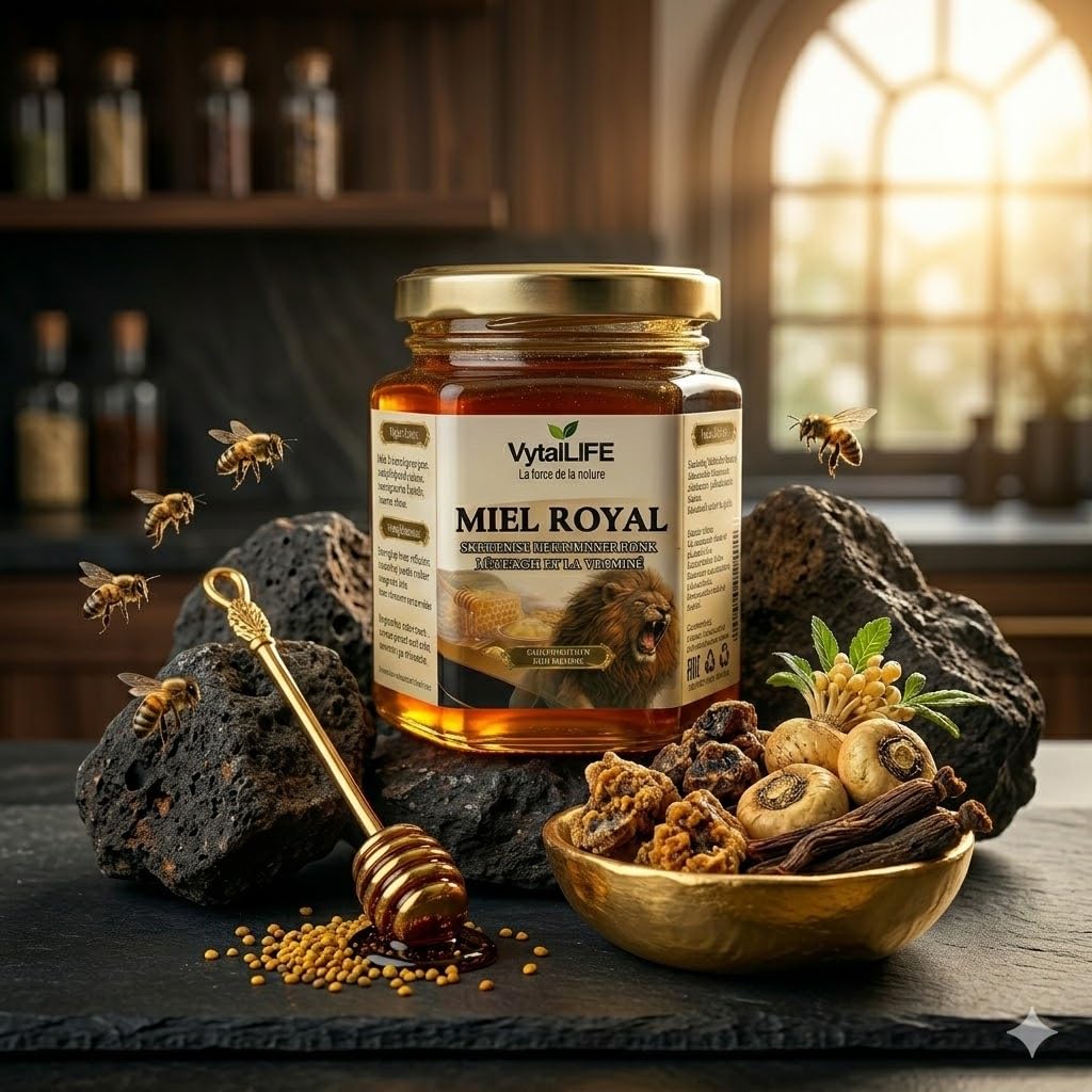 VytalLIFE Miel à la Gelée Royale, Ginseng & Maca - Miel Aphrodisiaque d'Eucalyptus 100% Pur 250g - Enrichi en Propolis, Pollen d'Abeille - Énergie & Vitalité - Booster Testosterone Homme Naturel