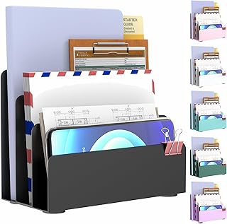 OUTIOE Mail Organizer Countertop, Small Desk File Organizer, Metal File Holder - Essential Workspace Organizers for Office Desk, Home Office (Black)