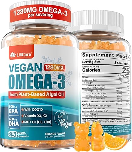 Gomitas veganas Omega-3 de 1280 mg + CoQ10 + vitamina D3 K2 (MK7), alternativa de aceite de pescado Omega 3 para adultos con EPA 600 mg DHA 400 mg y