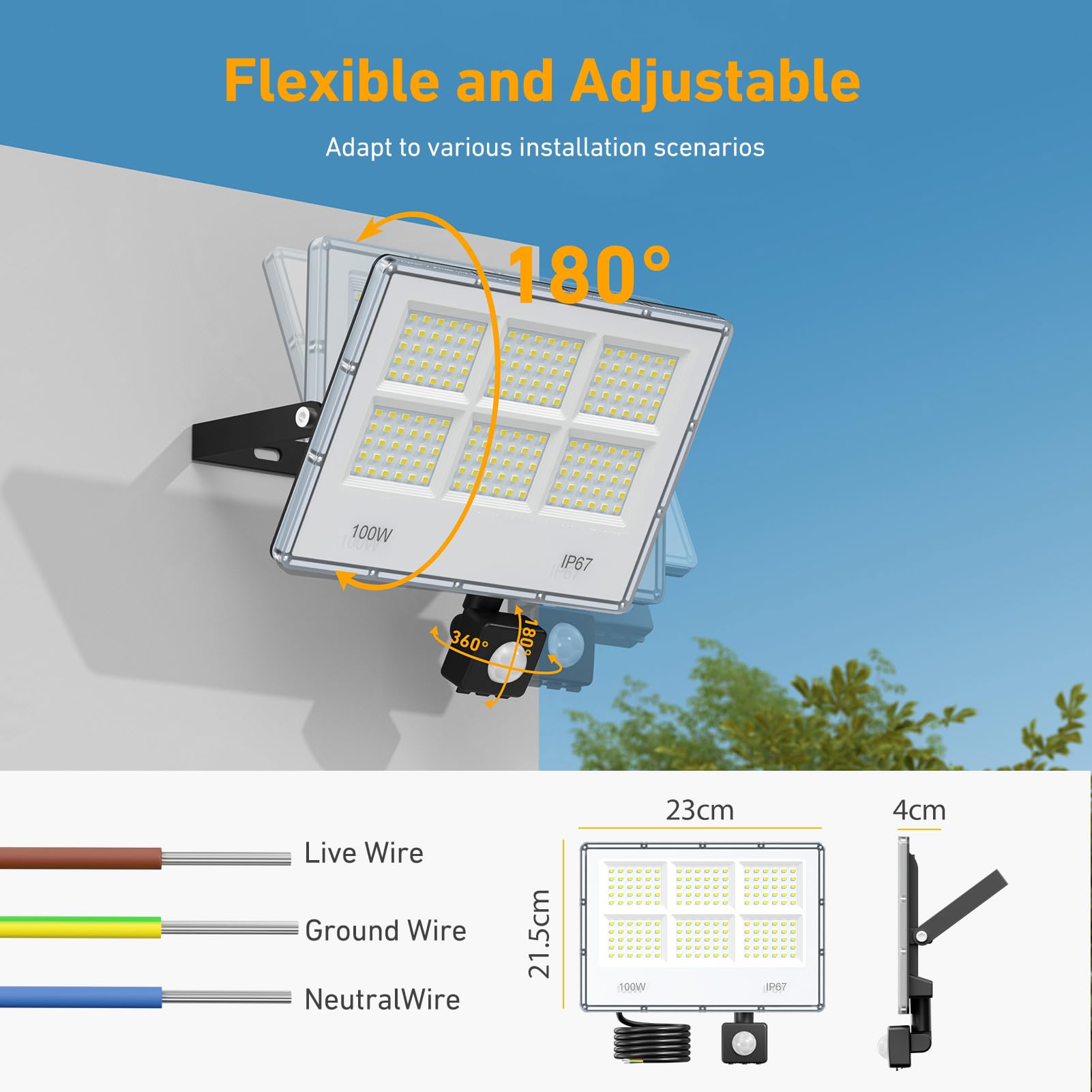 Foco LED Con Sensor De Movimiento - 2 Piezas 100W 10000LM 6 en 1 Luz Exterior Con Sensor De Movimiento, IP67 Impermeable Blanco 7000 K Proyector LED Exterior para Jardín, Patio, Garaje y Calle