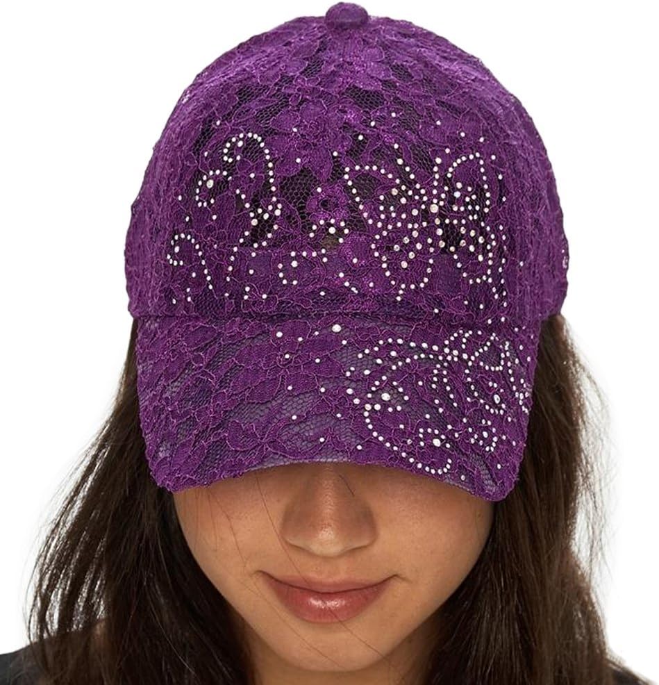 Women's Lace Flower Baseball Cap - Purple with Rhinestone Butterfly