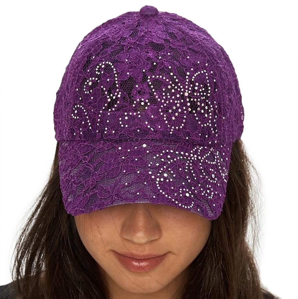 Women's Lace Flower Baseball Cap - Purple with Rhinestone Butterfly
