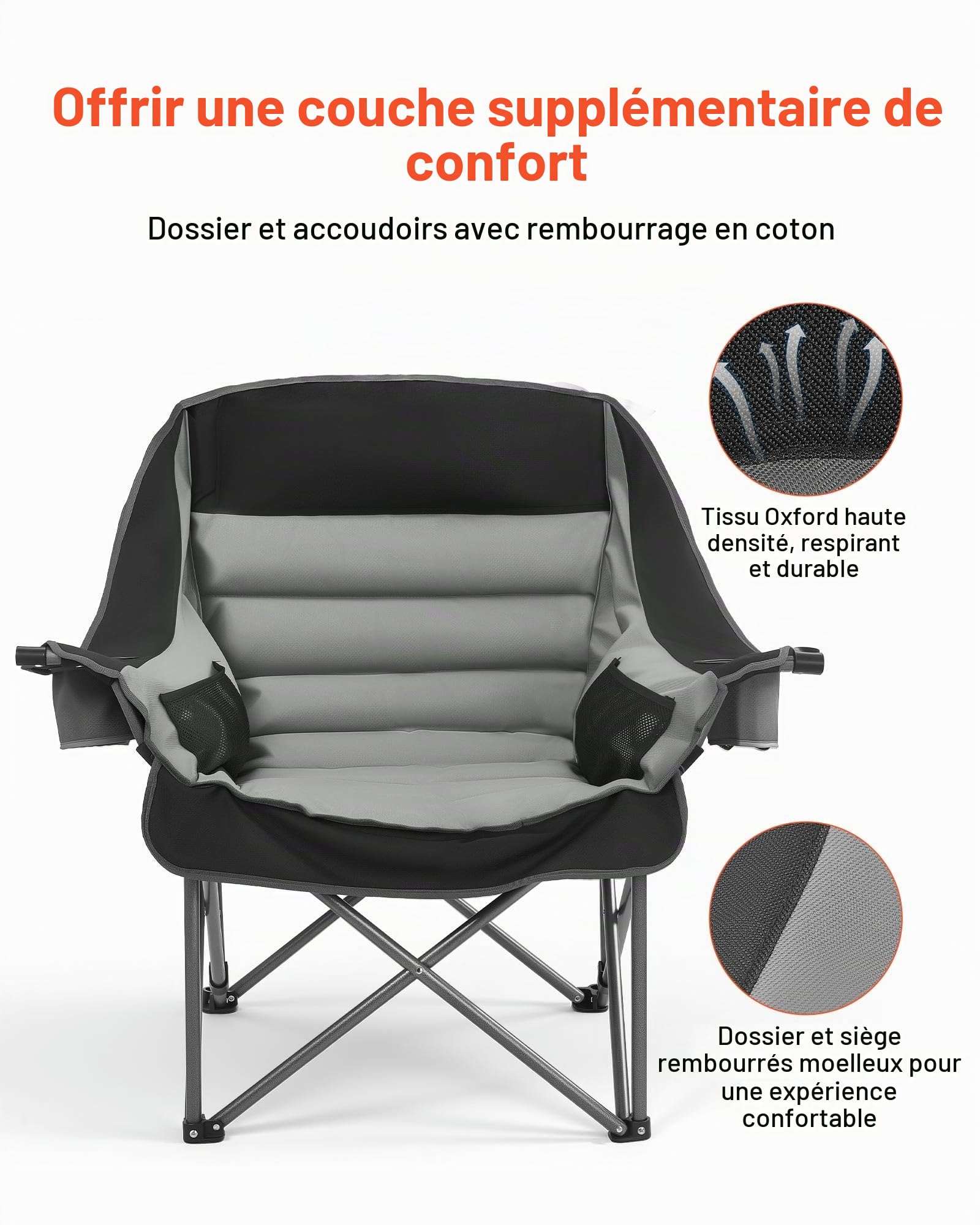 VEVOR Chaise de Camping Pliante et Portable, Fauteuil Pliable Camping Charge Maximale 204 kg, pour Pique-Nique Randonnée Pêche en Plein Air, avec Porte-gobelet, Porte-Verre à Vin et Sac de Transport
