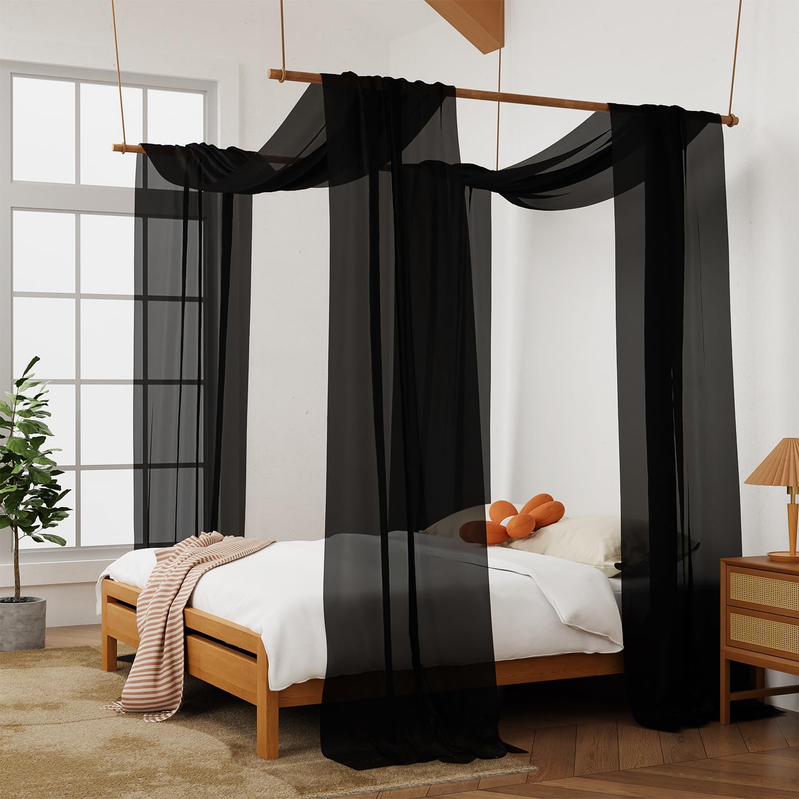 Cortinas de cama con dosel, toldo de 2 paneles para cama de 52 x 256 pulgadas, bufanda transparente negra, cortinas de toldo de cama, bufanda transparente de lujo para decoración de habitación