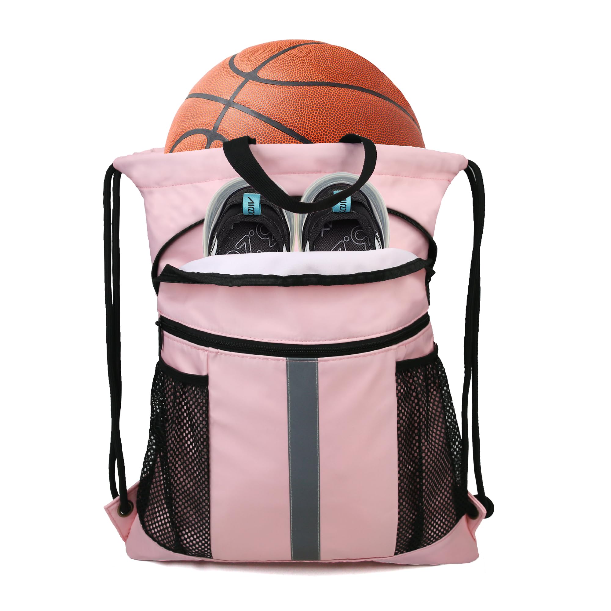 BeeGreen Drawstring Backpack Bag with Shoe Compartment, X-Large Black Gym Sports String Cinch Backpack, Pink, XL, Front Shoe Compartment