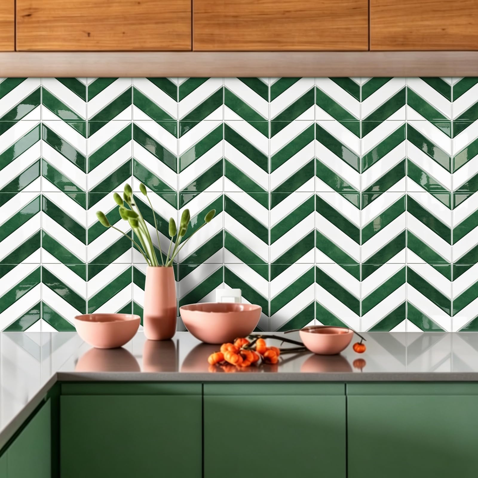 Alwayspon 23x29cmx10Pcs 3D Vinyl Splashback Tiles, Peel and Stick Self Adhesive Wall Tile Stickers Stick on Tiles for Kitchen Bathroom Wall, Green White — image 1