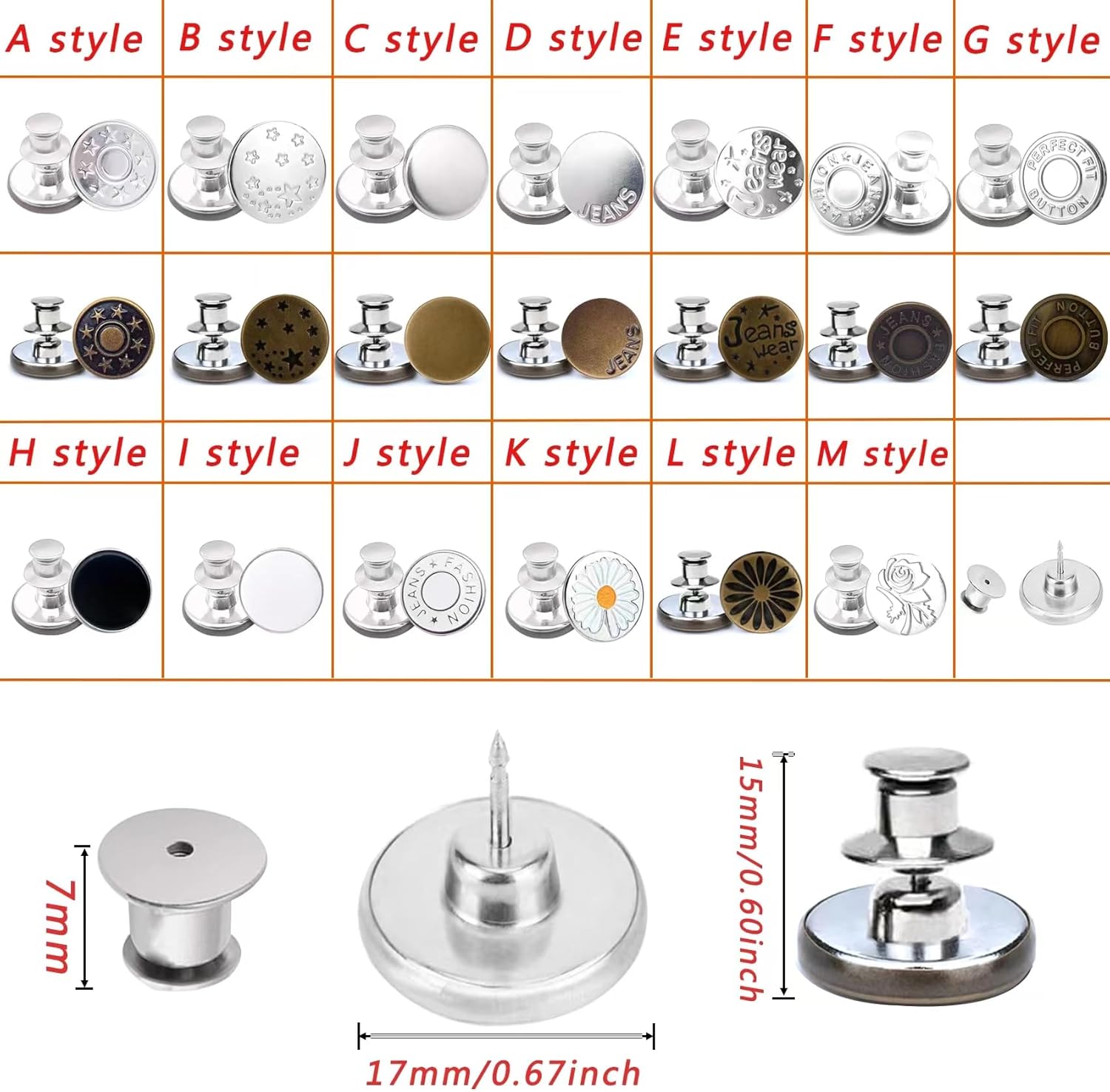 8 Pcs Button Pins for Jeans, Jean Buttons Pins for Loose Jeans, Jean Button Replacement, No Sew and No Tools Instant Needed Jean Button Pins for Pants, Reusable and Adjustable Clothes Buttons B All Stars Silver