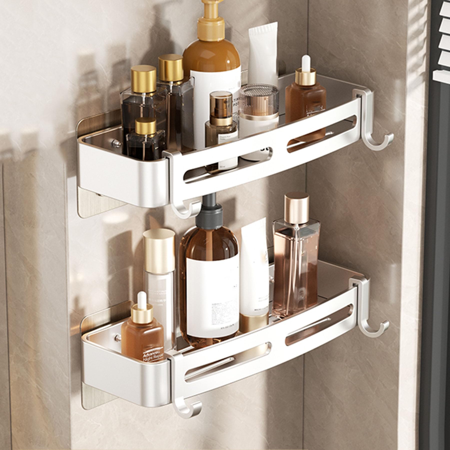 SRURLLUG Shower Caddy Bathroom Shelve Adhesive Shower Caddy Organizer Shelves Rack With Hooks No Drilling Rustproof Wall Mounted