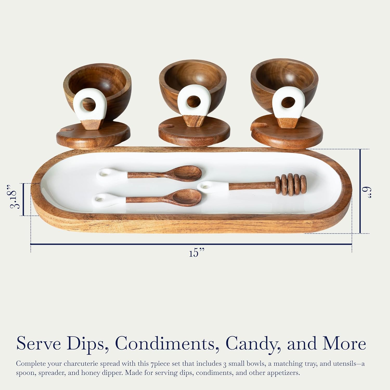 Charcuterie Bowls, 7pc Set - 3 Small Acacia Wooden Bowls with Lids, 1 Tray, and 3 Charcuterie Boards Accessories: Spoon, Spreader, Honey Dipper, Serving Dishes for Dips, Candy, Dessert