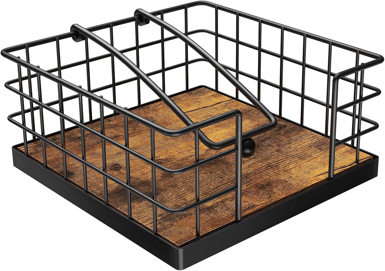 Homode Farmhouse Napkin Holder for Table - Rustic Wood & Black Metal Dispenser with Weighted Arm for Paper Napkins