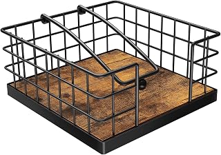 Homode Farmhouse Napkin Holder for Table - Rustic Brown Wood & Black Metal Dispenser with Weighted Arm